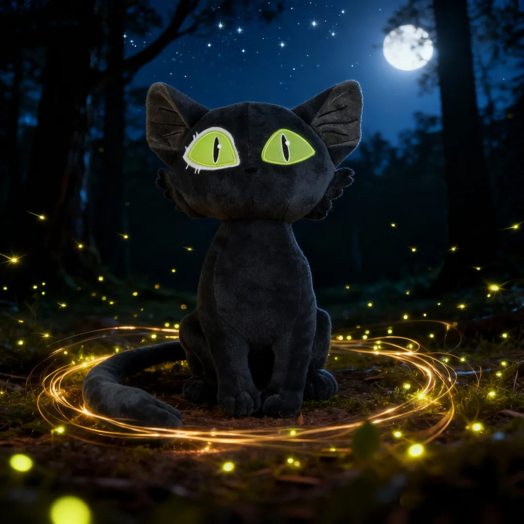 幻想的な緑の瞳の黒猫ぬいぐるみ