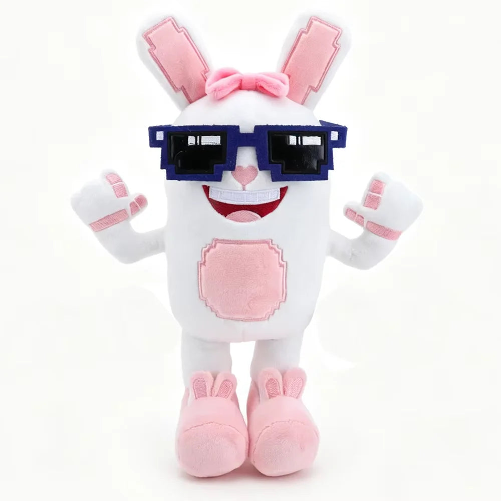 ピクセルサングラスの 白うさぎ ぬいぐるみ ピンクのリボンとスリッパ