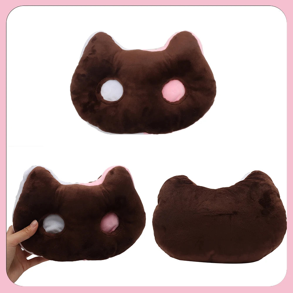 ふわふわ 猫顔 クッション ダークブラウン ピンク耳と目穴