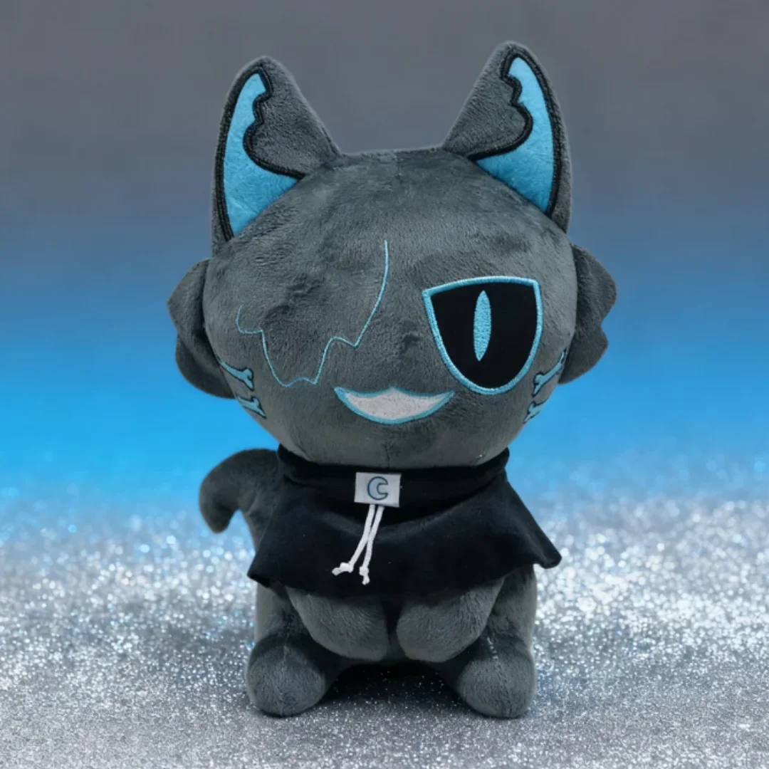 クールなダークグレーのネコぬいぐるみ 水色アイとマント
