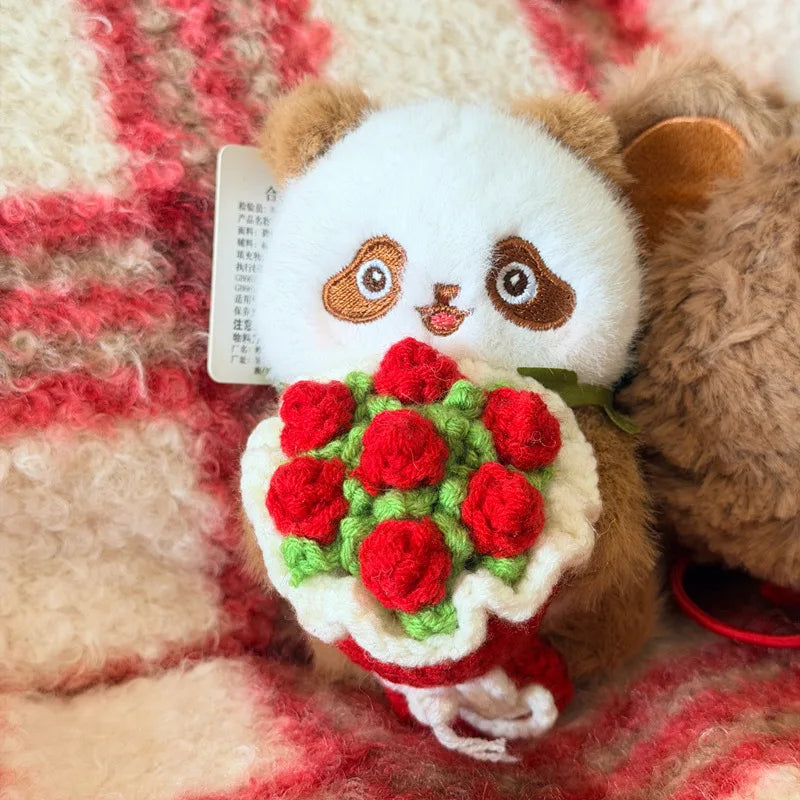 黒白と茶色のパンダ ぬいぐるみキーホルダー かぎ針編み花束