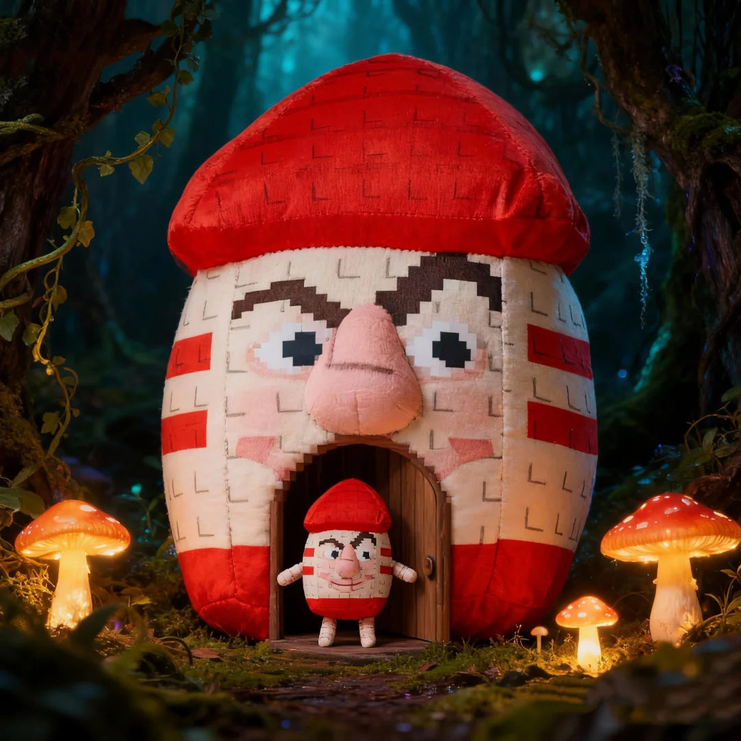 赤いキノコ屋根の顔付きハウスぬいぐるみ ミニキャラセット