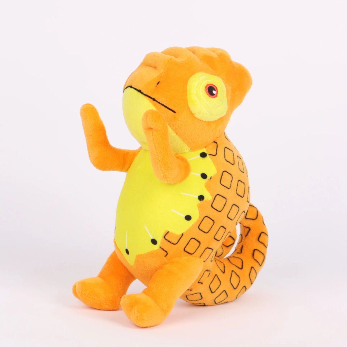 オレンジ色カメレオン ぬいぐるみ 四角い鱗模様の巻いた尻尾