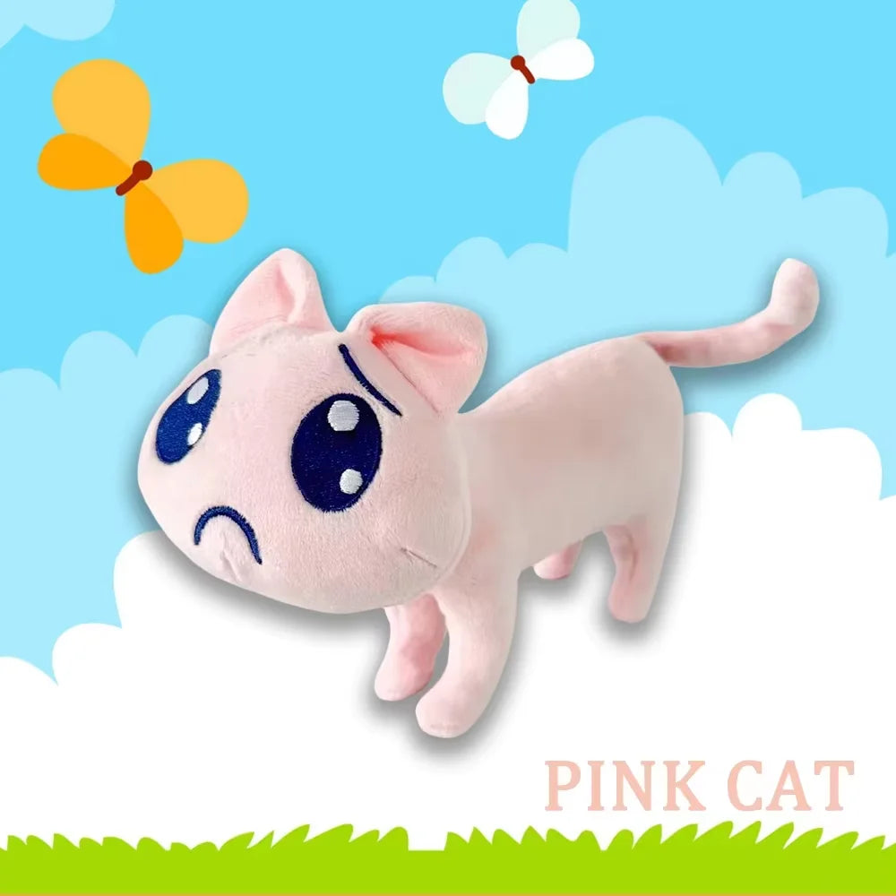 ふわふわなピンクの困り顔ネコぬいぐるみ