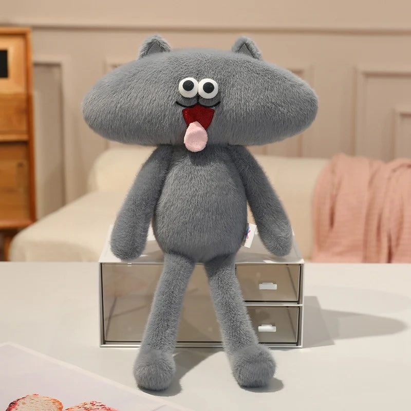 ユニークな顔のふわふわぬいぐるみ 黒とグレーのペア