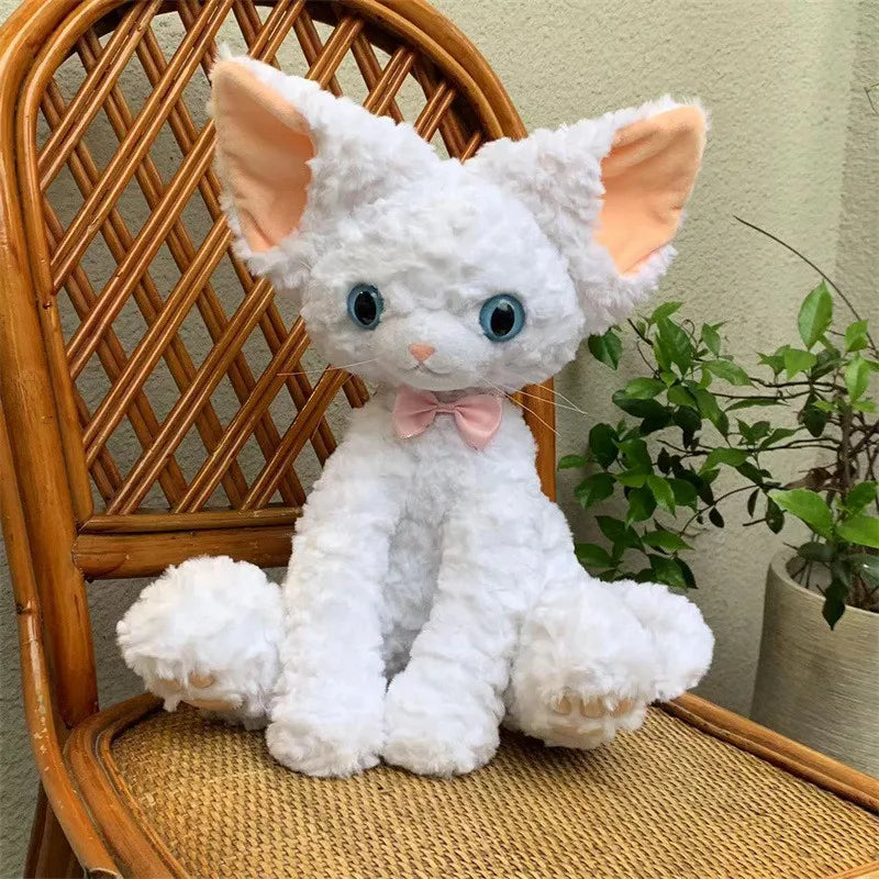 もこもこ耳長猫ぬいぐるみ 青い瞳とピンクのリボン