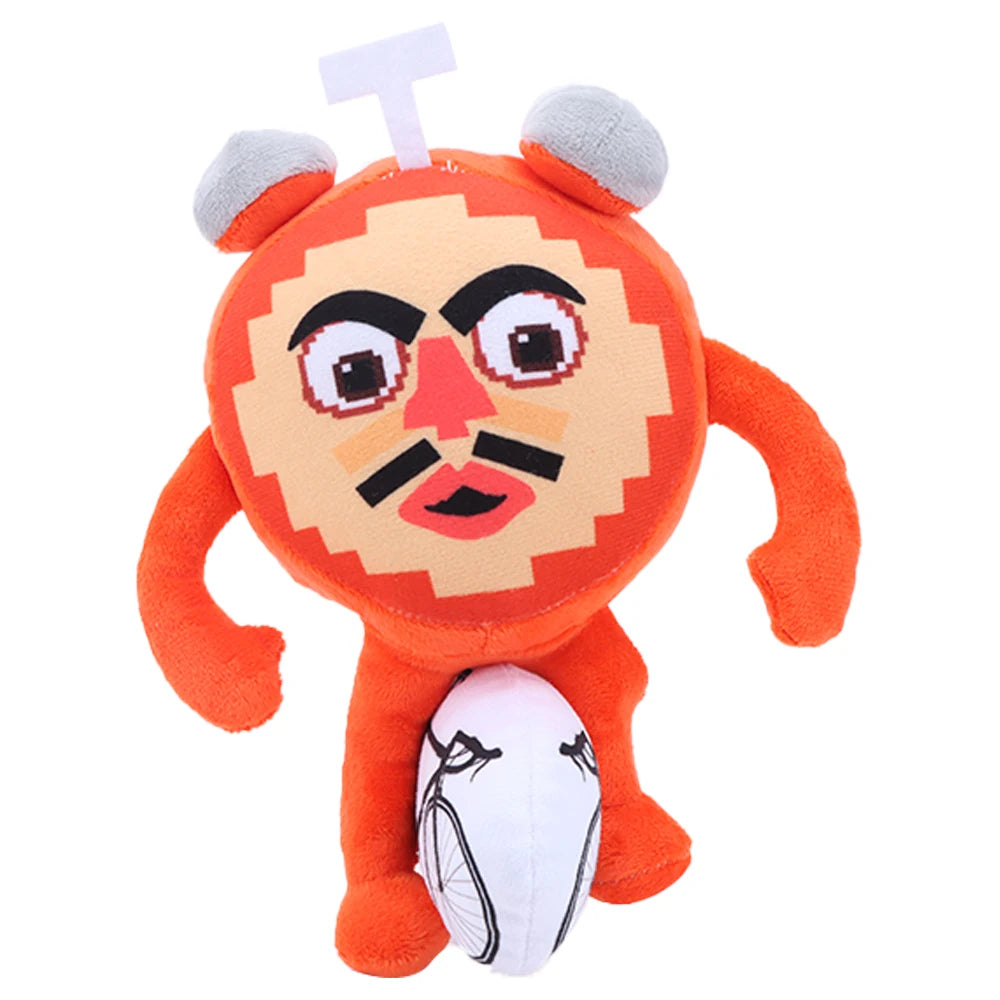 帽子とサングラスの男性とピクセル顔のオレンジ キャラクターぬいぐるみ ペア