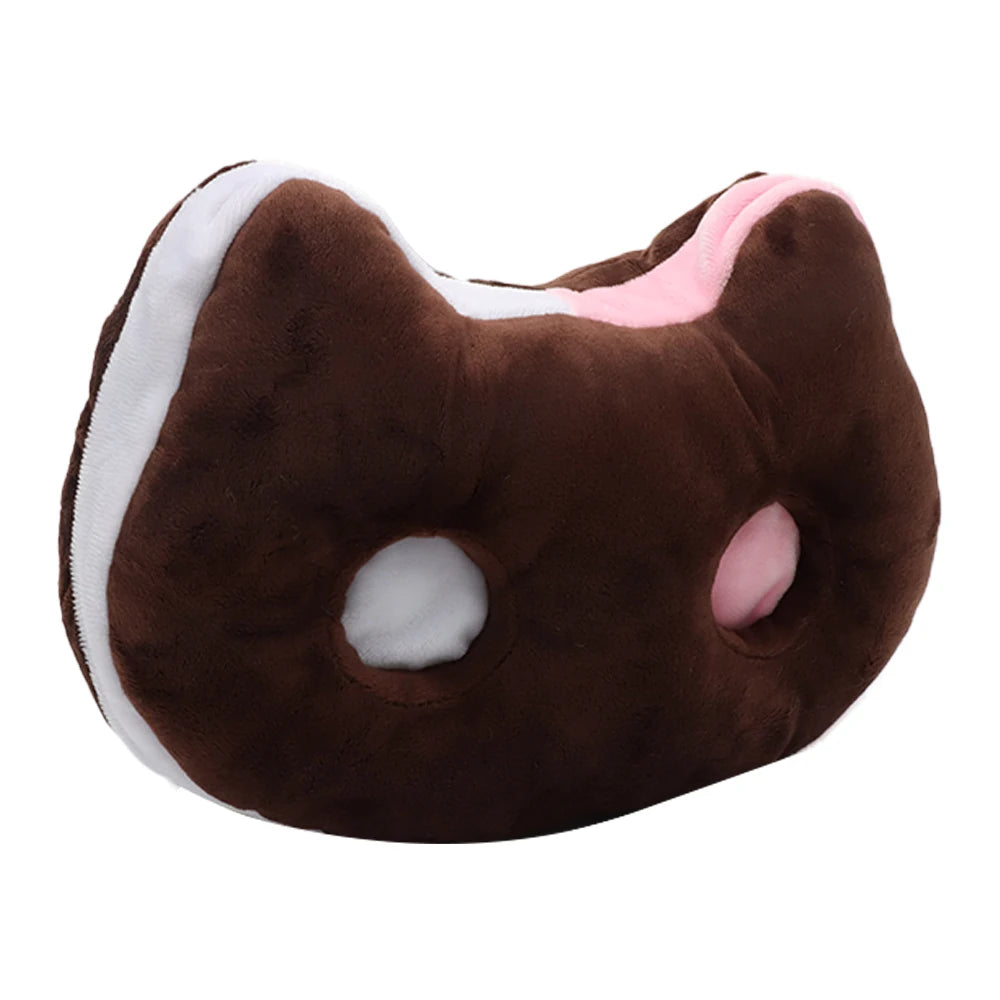 ふわふわ 猫顔 クッション ダークブラウン ピンク耳と目穴