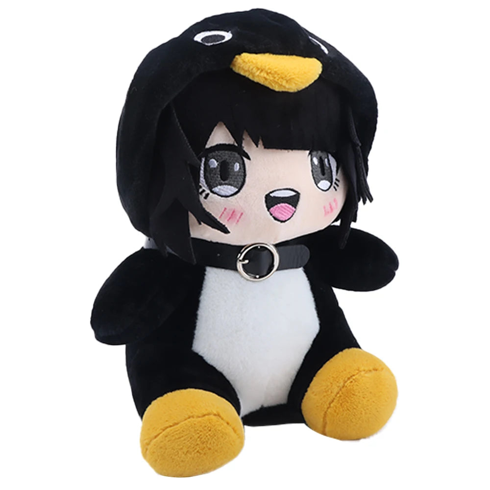 ペンギンパーカーとチョーカー付きアニメ風ぬいぐるみ
