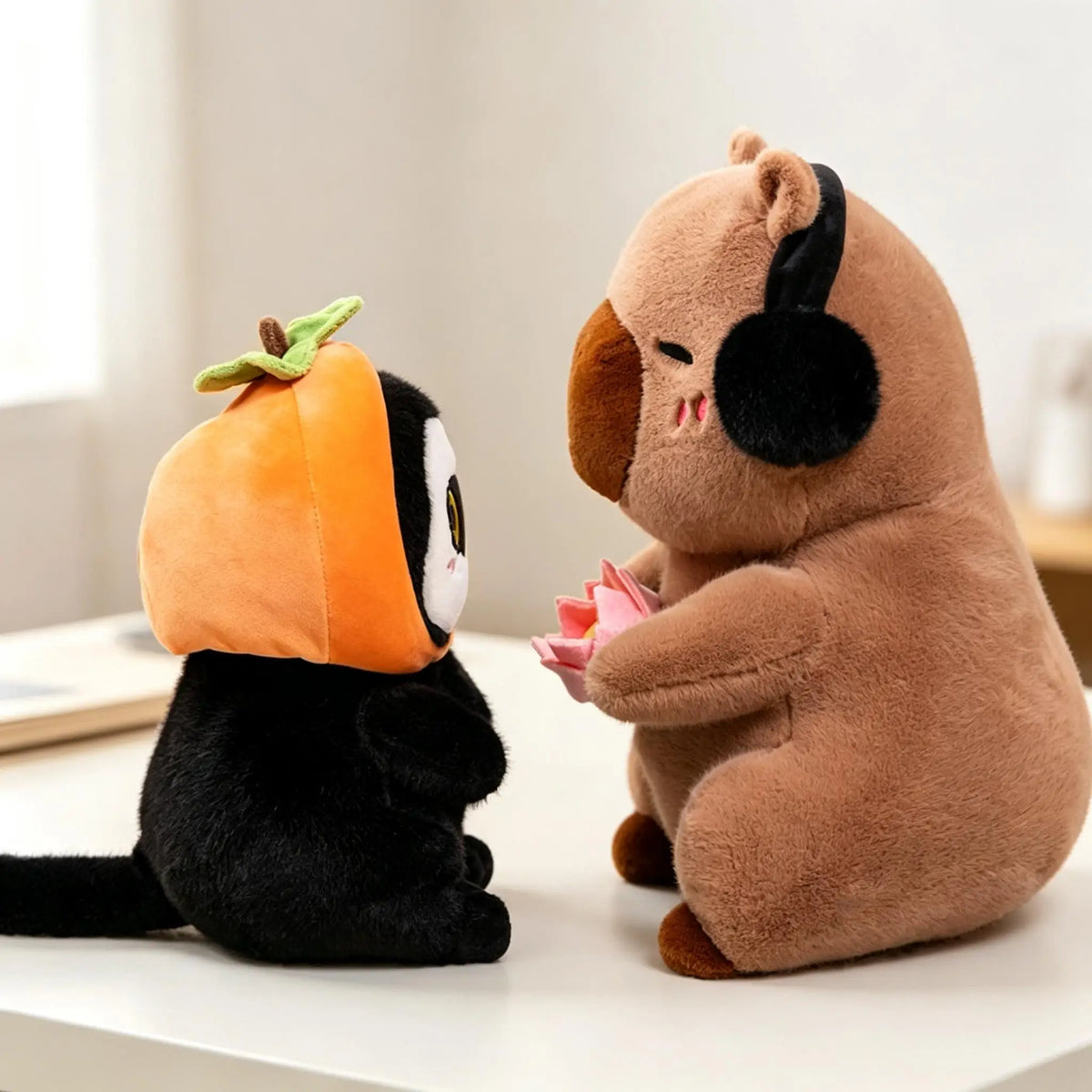 カボチャを被った黄色い目の黒いぬいぐるみ