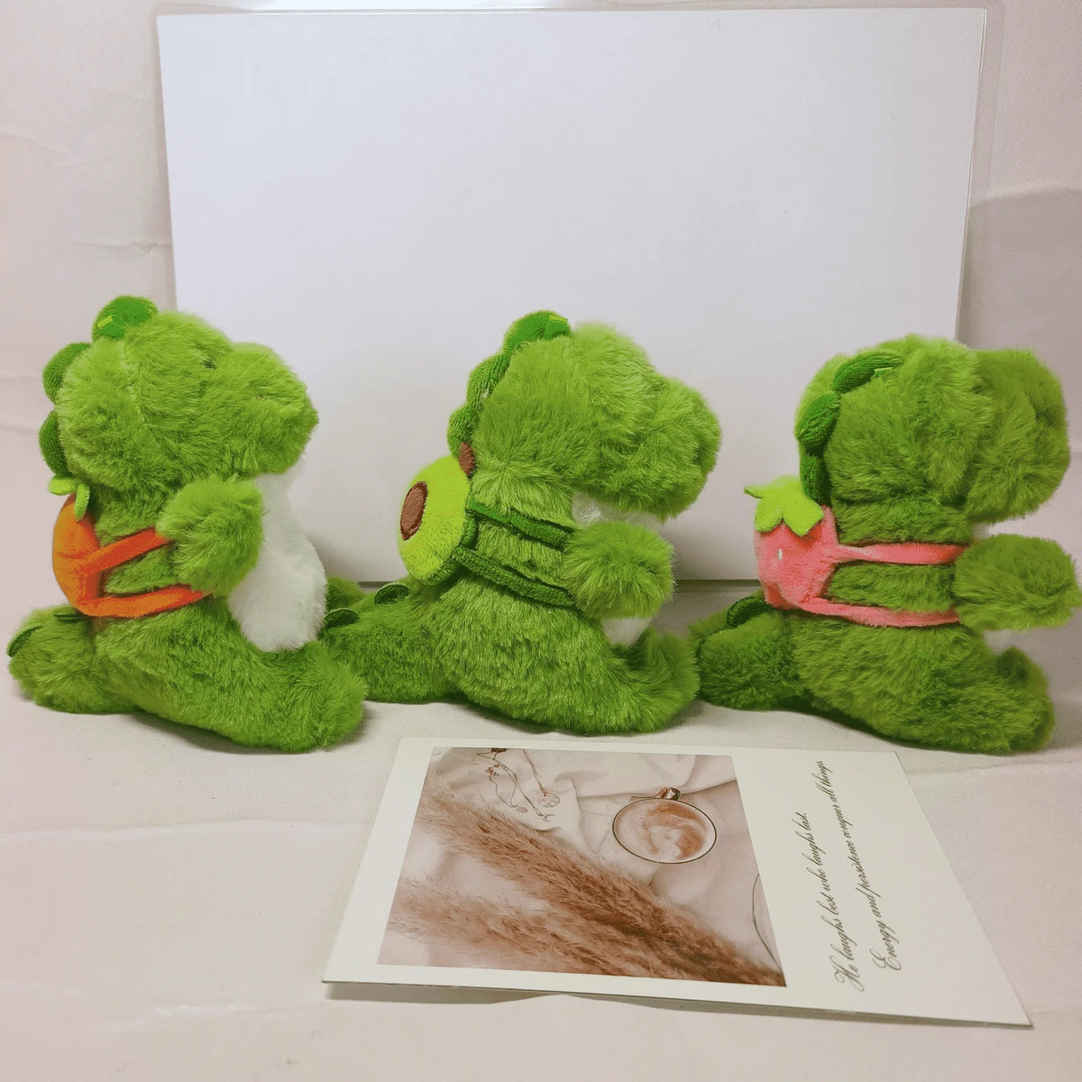 13cm Adorable Skipping School Dinosaur Plush Toys A Strawberry, Avocado and Carrot Dinosaur Pendant On the Back Toys for Kids