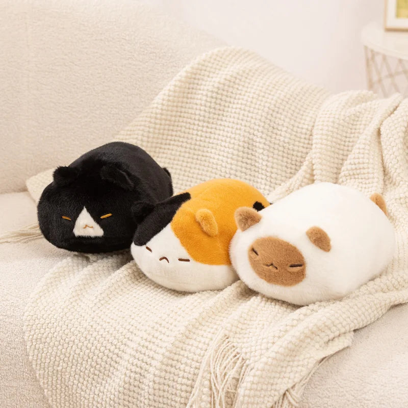 まん丸 もこもこ 眠り猫 ぬいぐるみ 三毛 黒 白