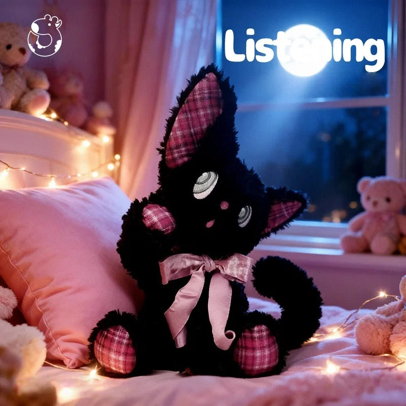 くるくる目の ふわふわ 黒猫 ぬいぐるみ ピンクチェック