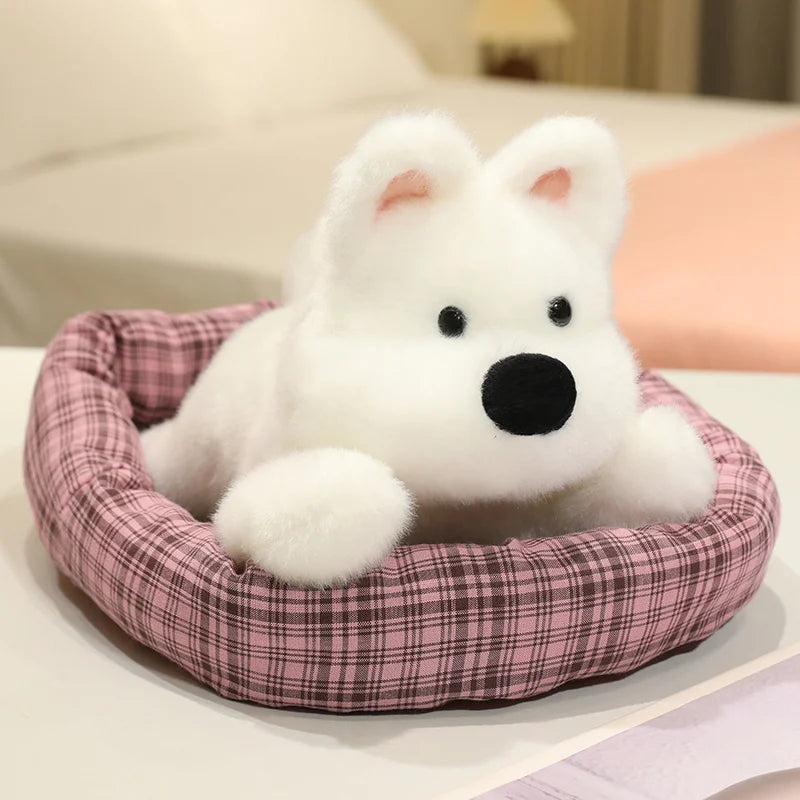 ふわふわ子犬のぬいぐるみ チェック柄ベッド入り