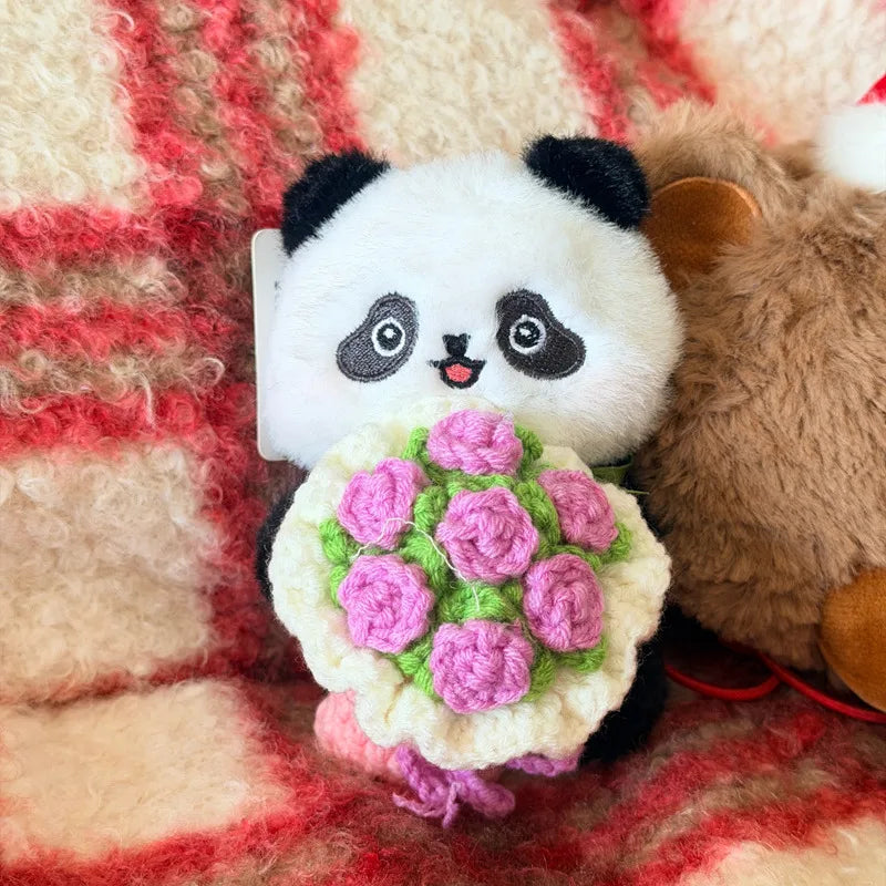 黒白と茶色のパンダ ぬいぐるみキーホルダー かぎ針編み花束