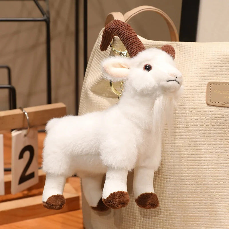 リアルな角付きヤギ ぬいぐるみ ふわふわ 白と茶色