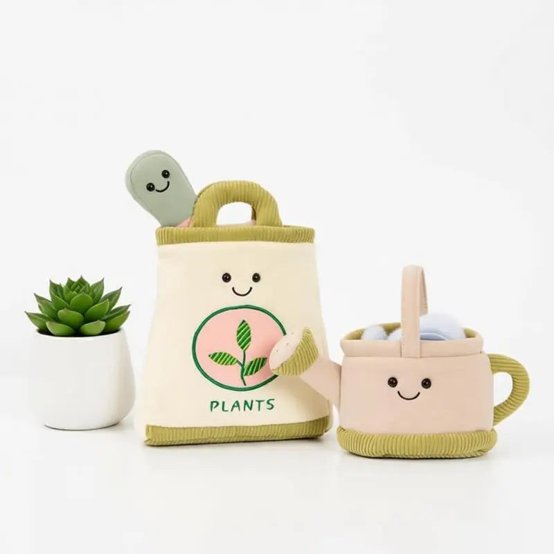 コーデュロイの笑顔ガーデニングぬいぐるみ 植物バッグとじょうろ