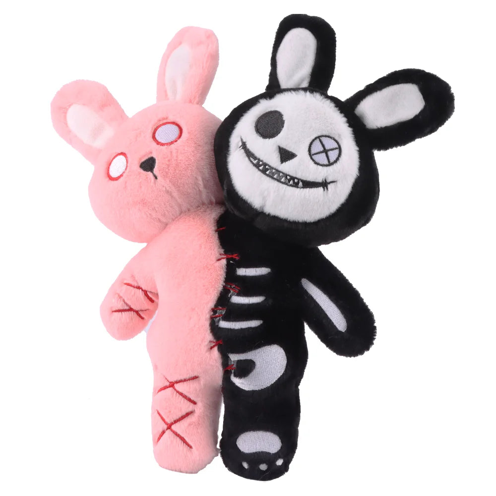 ピンクと黒の赤ステッチ 半分ガイコツうさぎぬいぐるみ