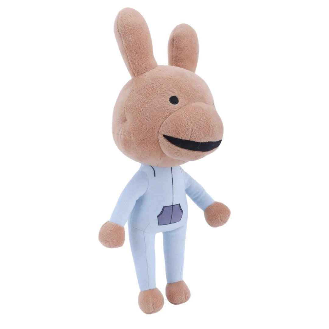 笑顔のうさぎキャラクターぬいぐるみ 水色つなぎ