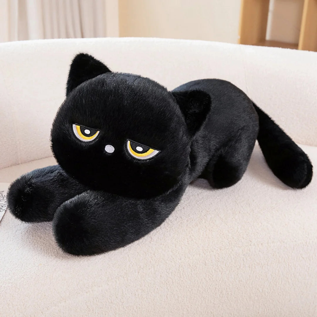 不機嫌顔のふわふわ黒猫 伏せぬいぐるみ