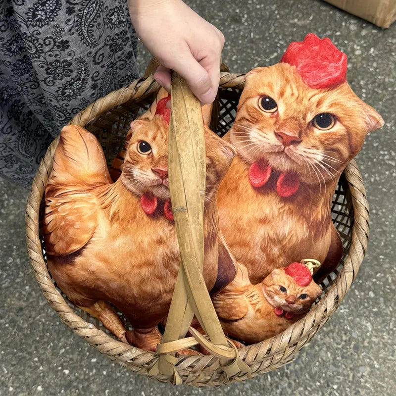 リアルプリント 鶏猫デザイン ふわふわクッション
