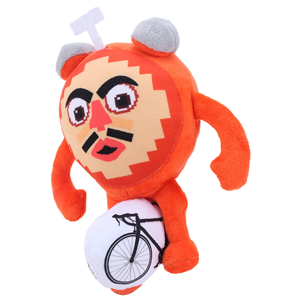 帽子とサングラスの男性とピクセル顔のオレンジ キャラクターぬいぐるみ ペア