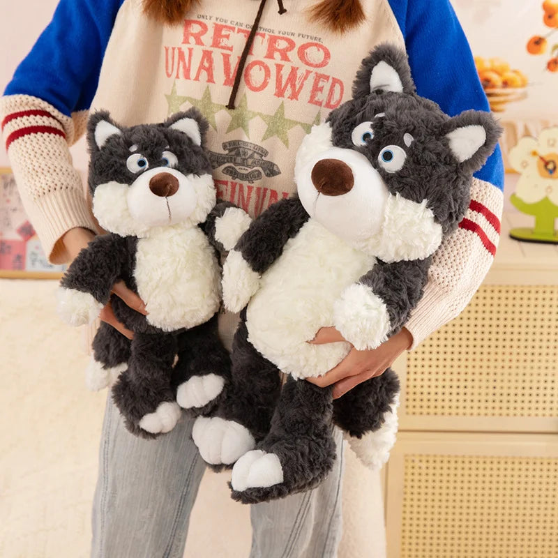 かわいいふわふわ黒白ハスキー犬のぬいぐるみ