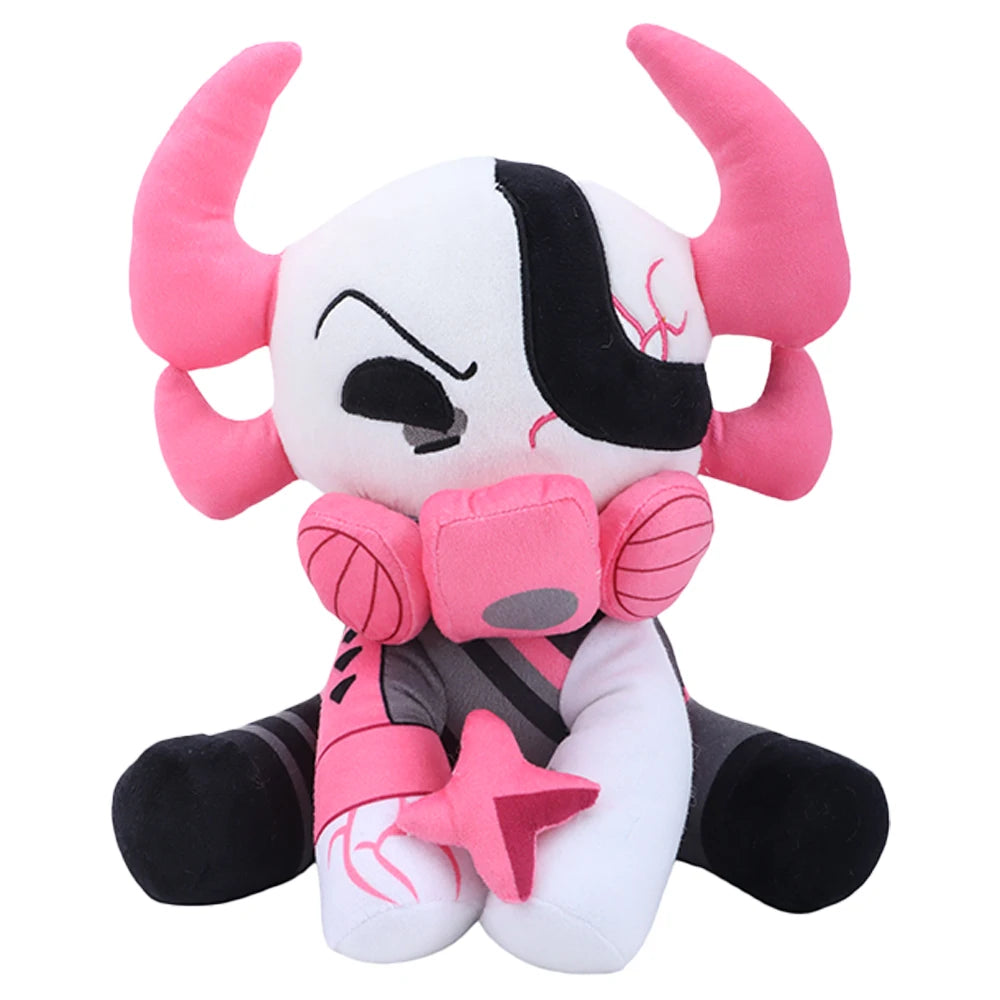 ピンクの角と黒い目元、ガスマスク風のぬいぐるみ