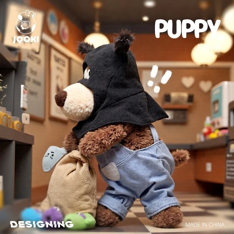 いたずら子犬ぬいぐるみ 黒マスクとデニムのオーバーオール
