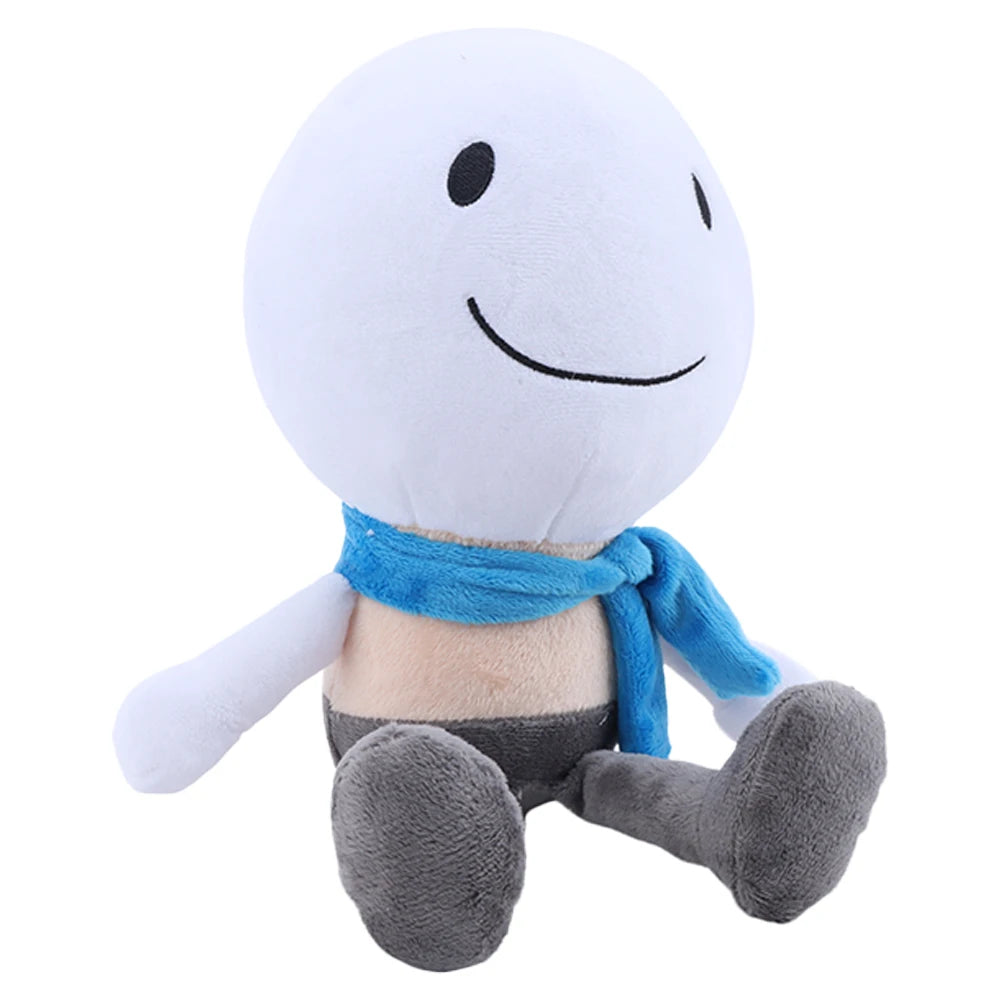 白い笑顔キャラクターの青いマフラーぬいぐるみ