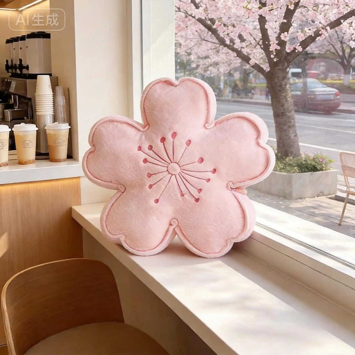 ふわふわ桜型クッション 淡いピンクの刺繍入り
