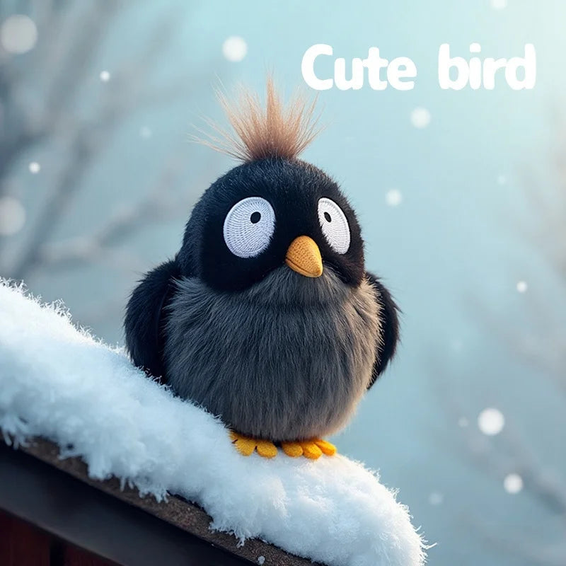 もじゃ毛のまんまる鳥ぬいぐるみ つぶらな瞳 黒×グレー