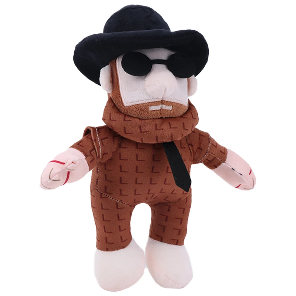 帽子とサングラスの男性とピクセル顔のオレンジ キャラクターぬいぐるみ ペア