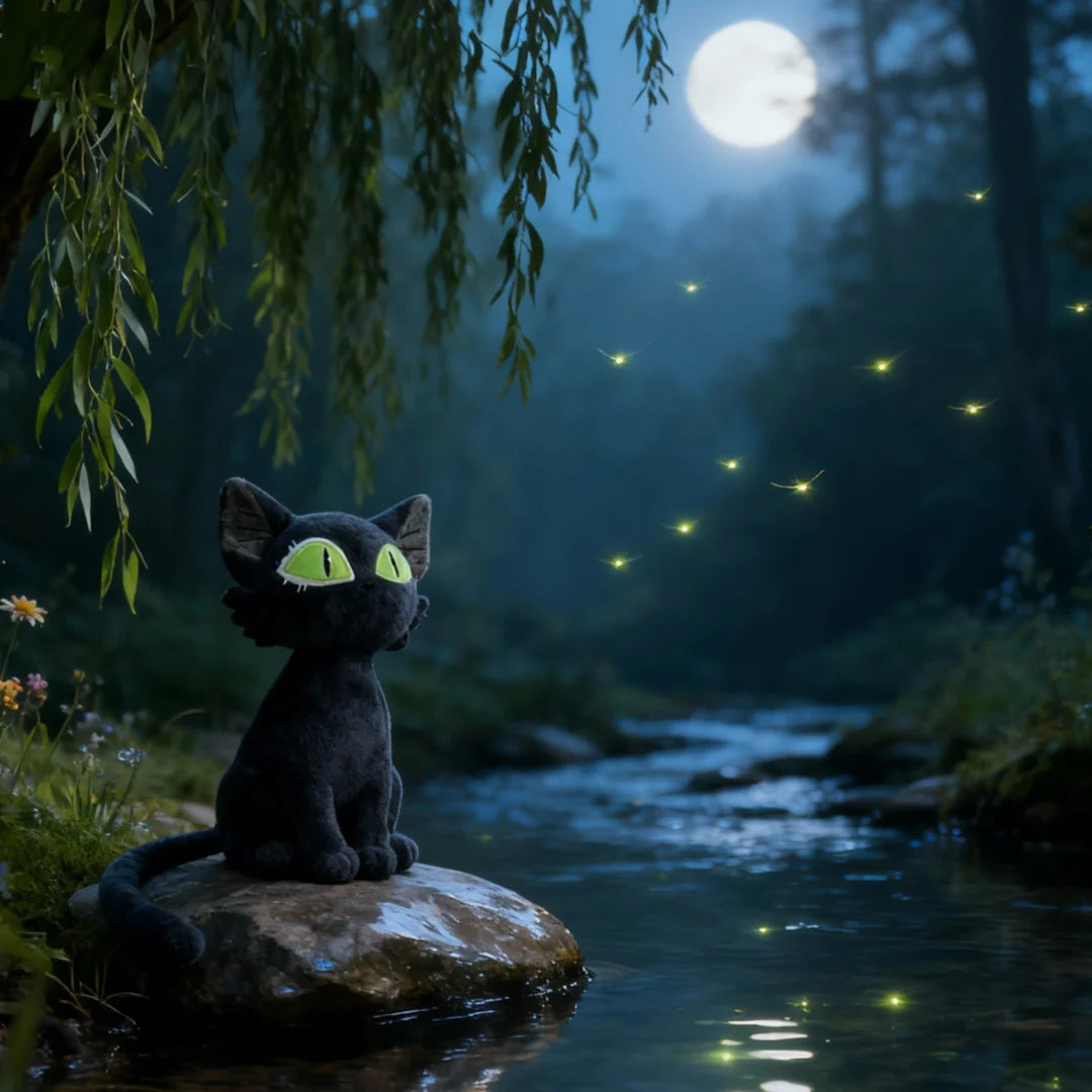幻想的な緑の瞳の黒猫ぬいぐるみ