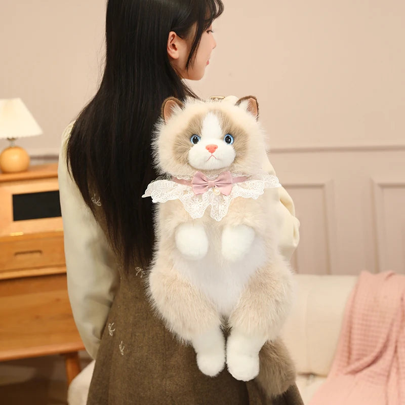 Realistic Puppet Cat Backpack Faux Fur-Cute Soft Animal Backpack with Adjustable Straps for Girls Daily Use School Bags Travel