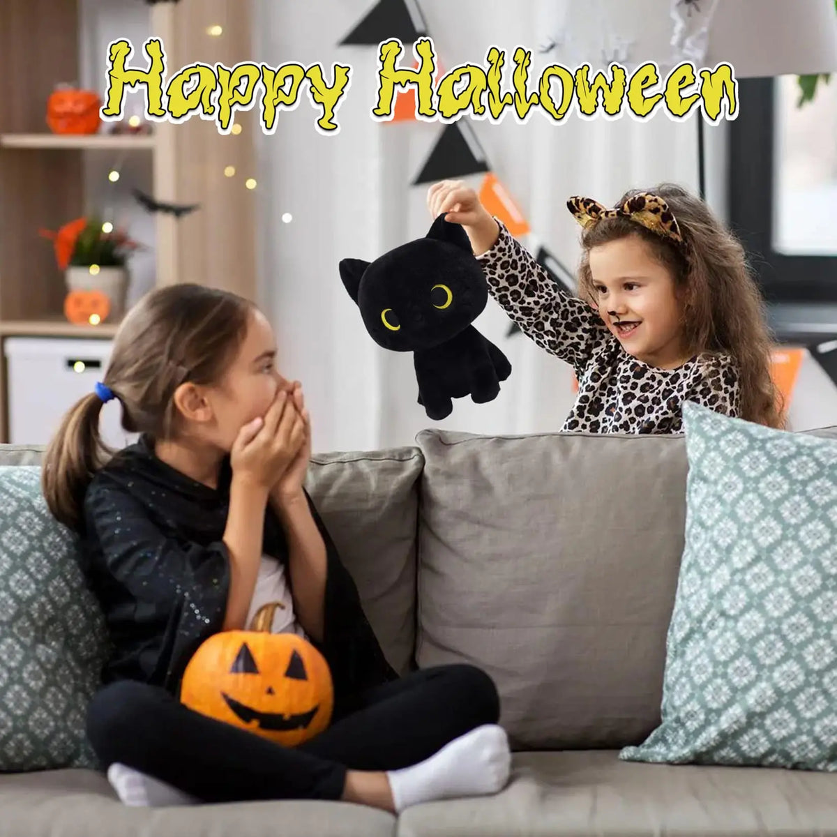 Kawaii Black Cat Plush Toy Halloween Stuffed Animal Pillow Black Cat Plush Doll Baby Toys Plushie Christmas Gift for Kids Girls