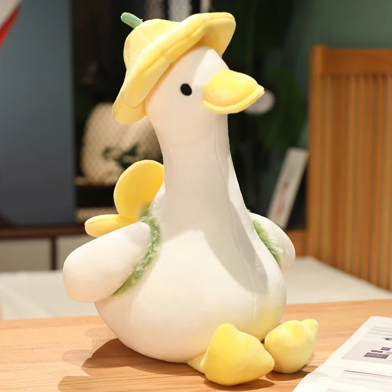 ふわふわ紫の花帽子ガチョウのぬいぐるみ