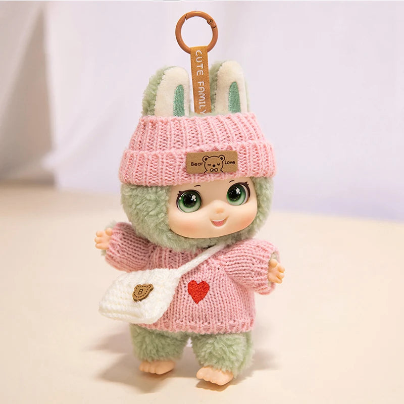 大きな瞳のモコモコひつじ ぬいぐるみ ニット帽とポシェット付き