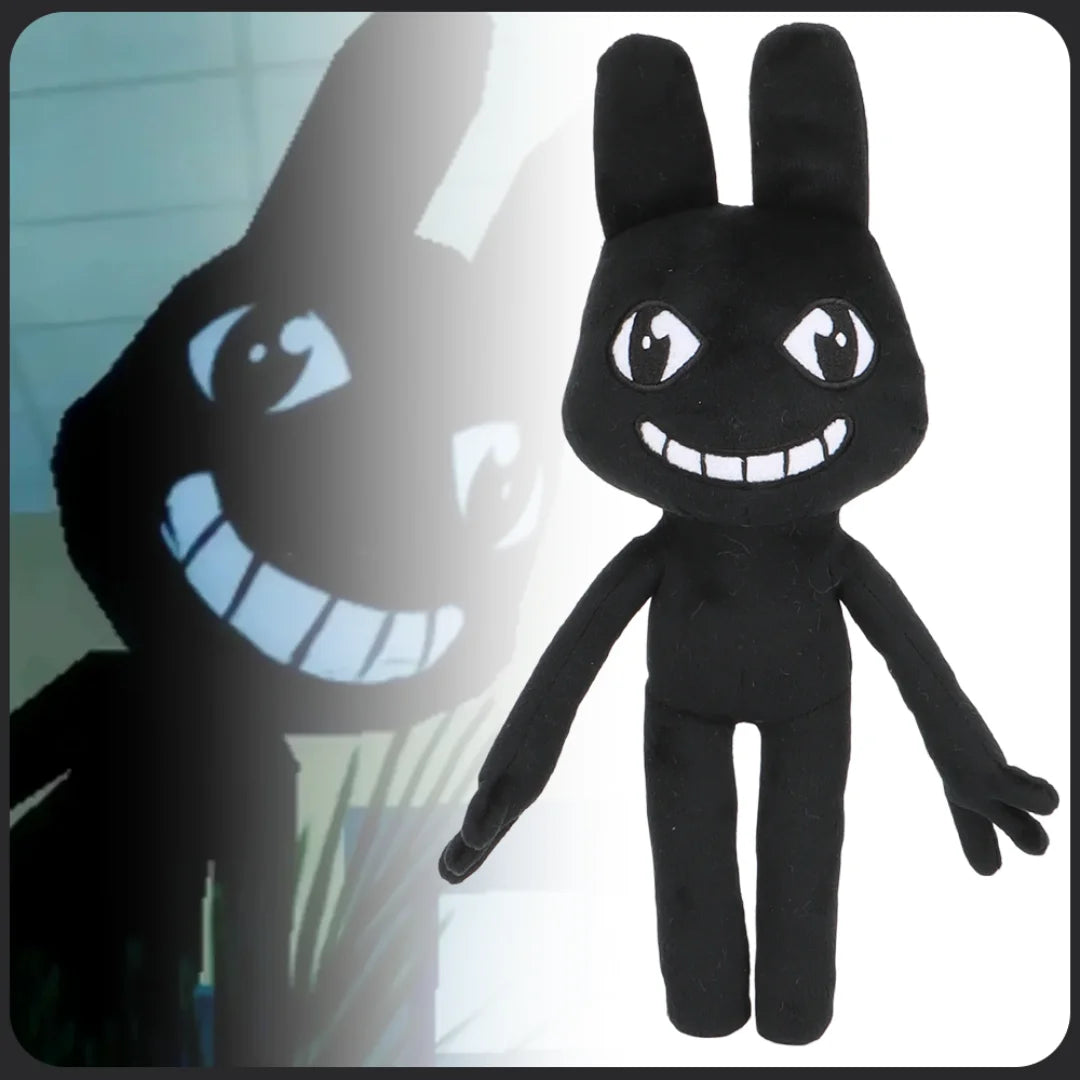 不気味かわいい黒いウサギの笑顔ぬいぐるみ