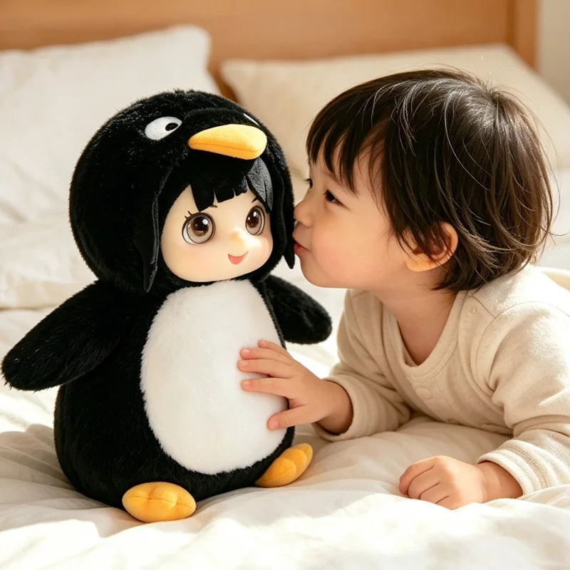 アニメ風 女の子のペンギン着ぐるみ ぬいぐるみ 黒い首輪付き