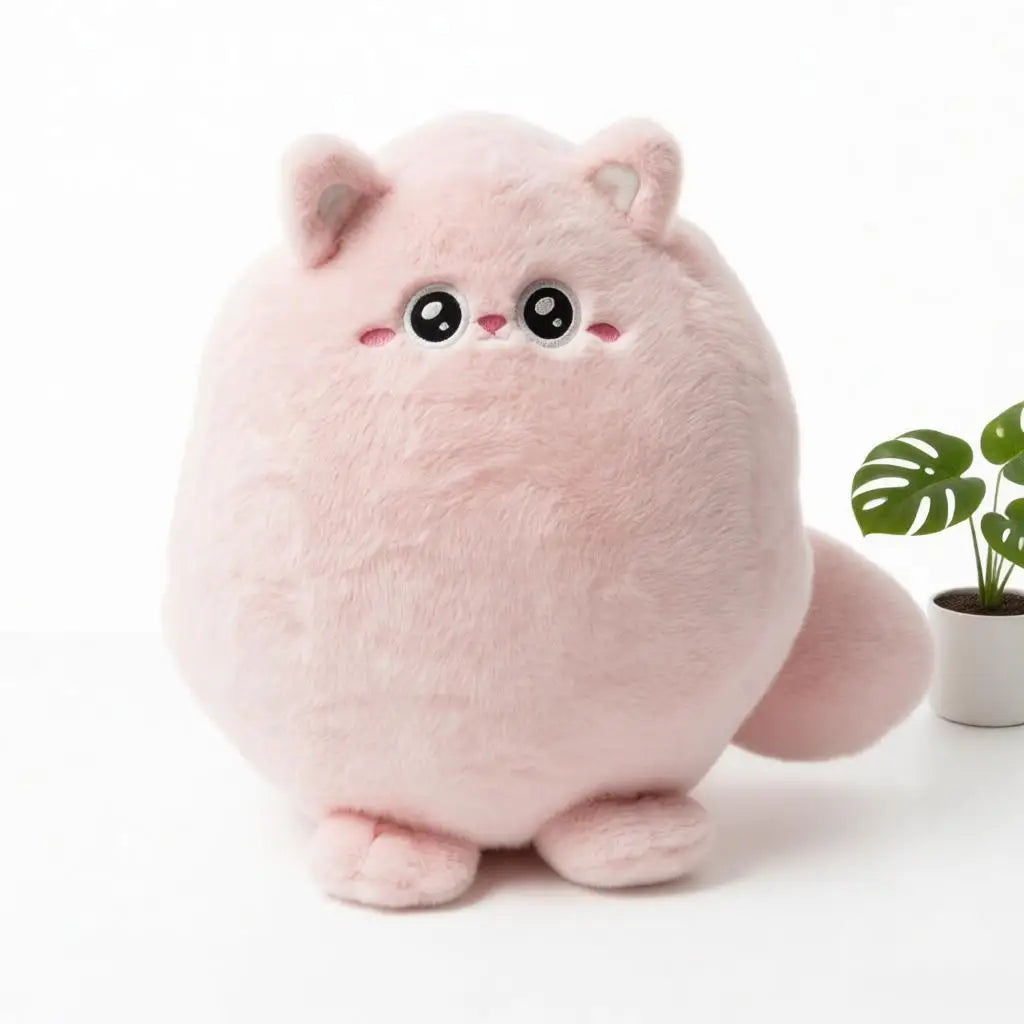 まん丸で赤い いたずら顔のふわふわぬいぐるみ