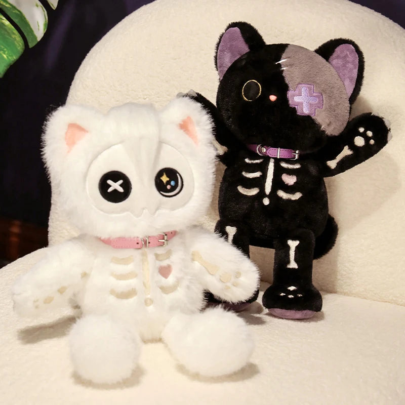 ゴシック スケルトン 猫 ぬいぐるみ 黒白 パッチワークとX目