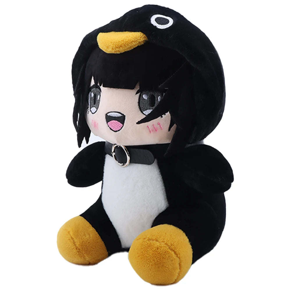ペンギンパーカーとチョーカー付きアニメ風ぬいぐるみ