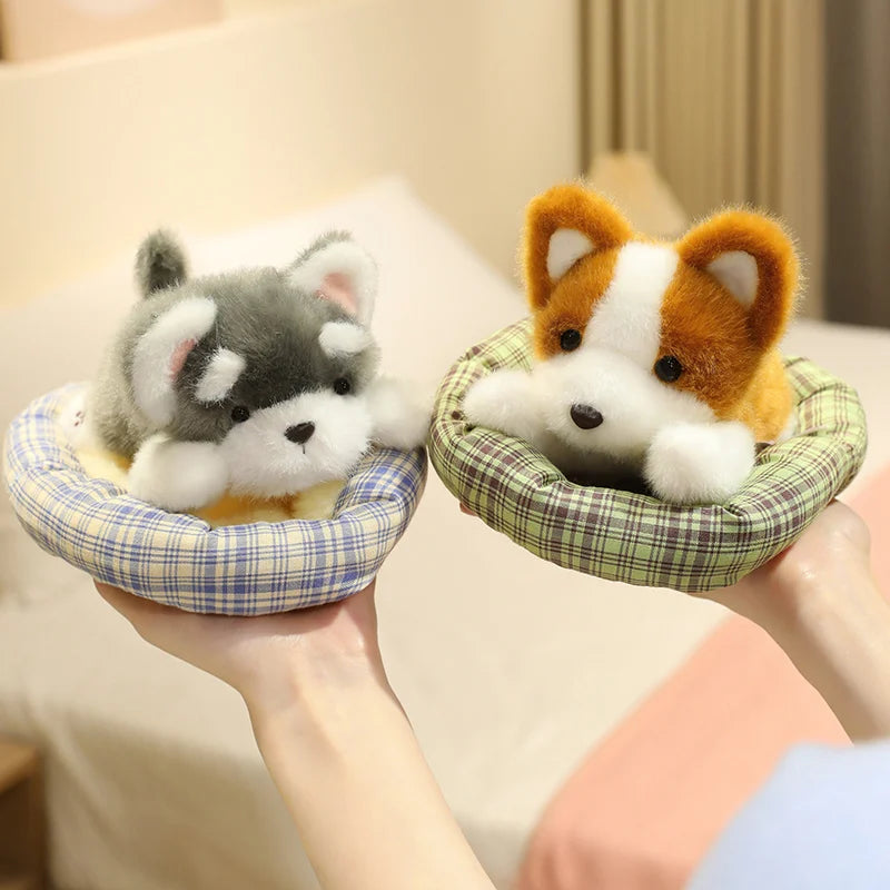 ふわふわ子犬のぬいぐるみ チェック柄ベッド入り