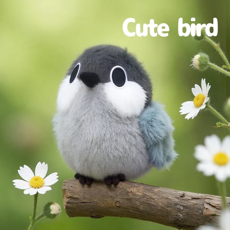 まんまる ふわふわ グレーとブルーの小鳥ぬいぐるみ