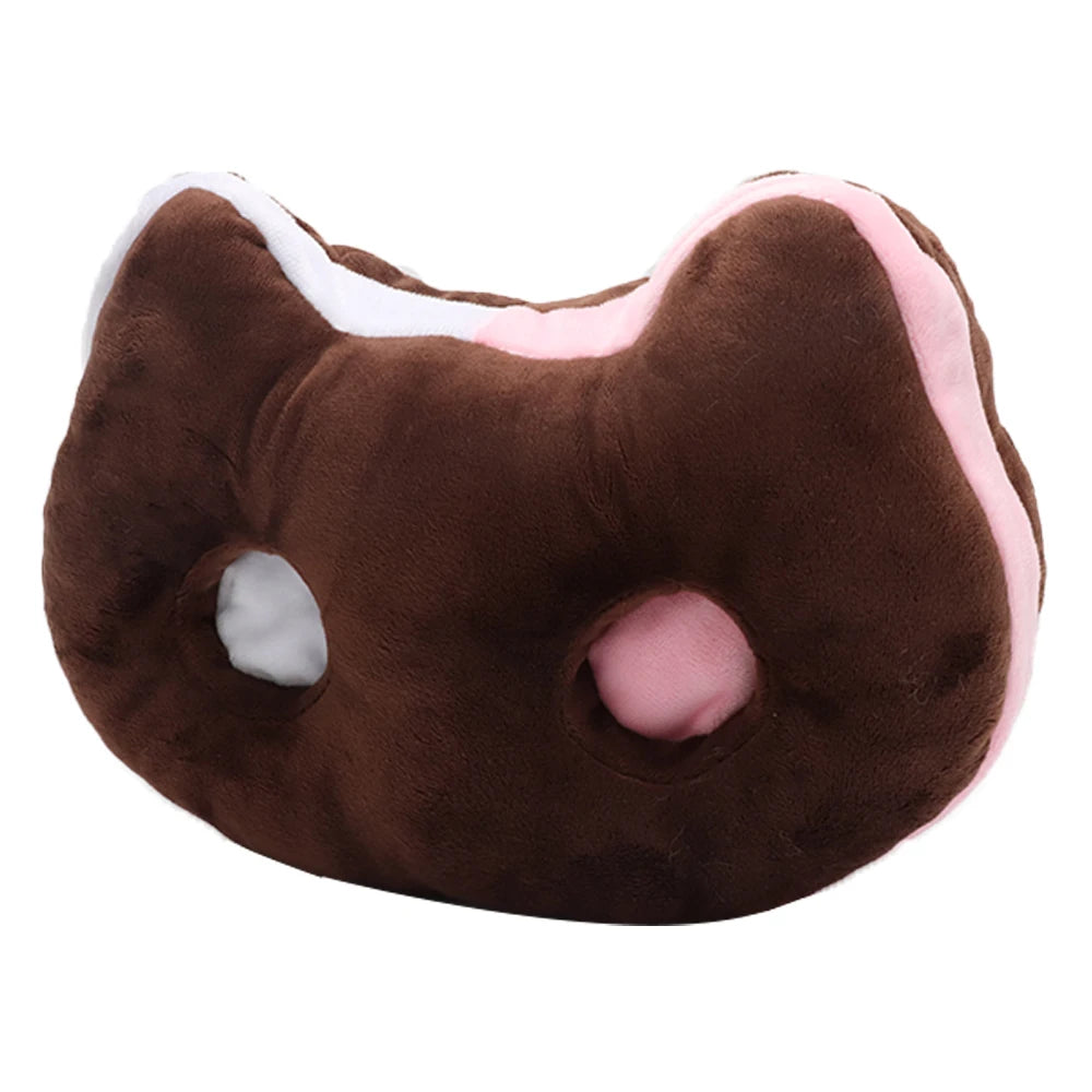 ふわふわ 猫顔 クッション ダークブラウン ピンク耳と目穴