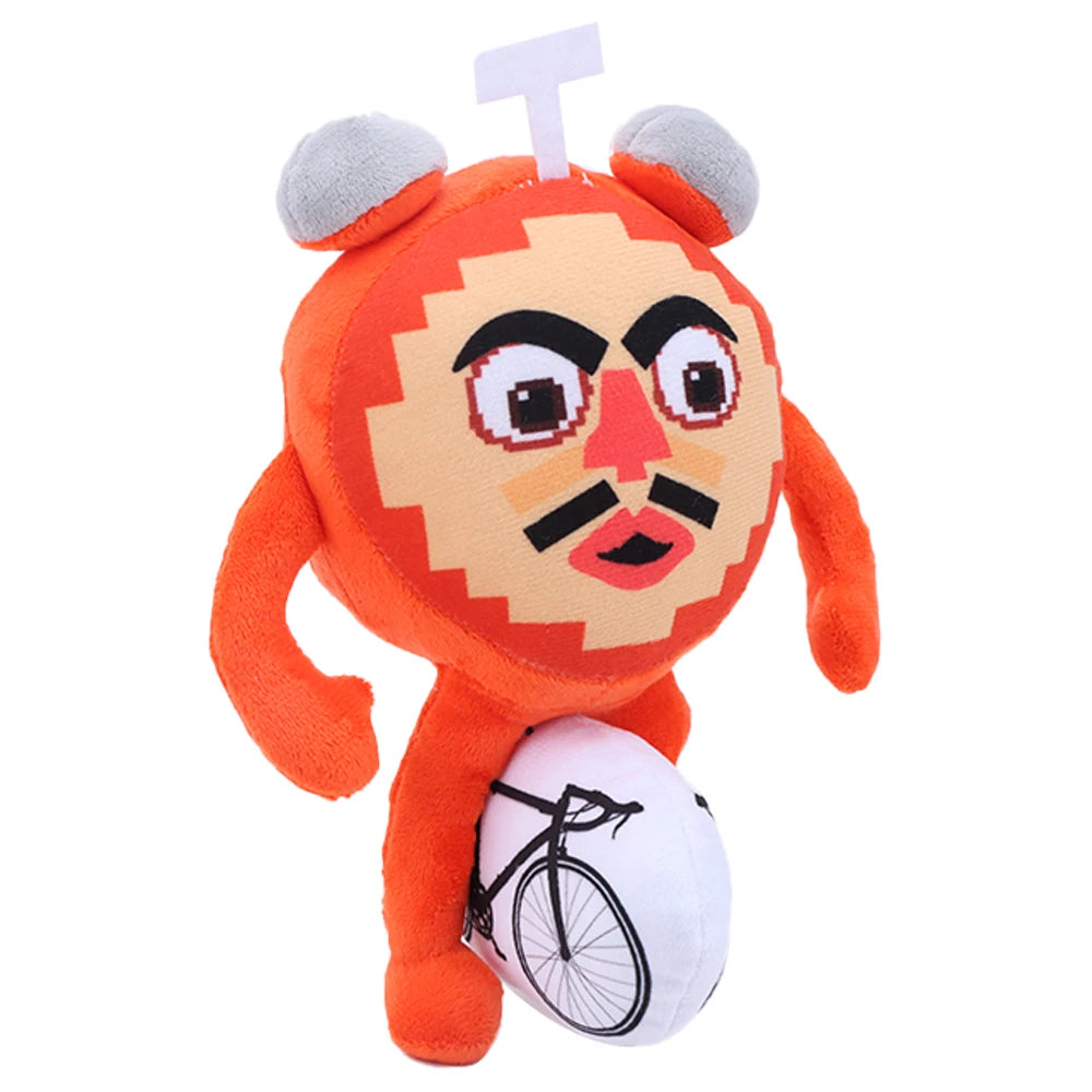 帽子とサングラスの男性とピクセル顔のオレンジ キャラクターぬいぐるみ ペア