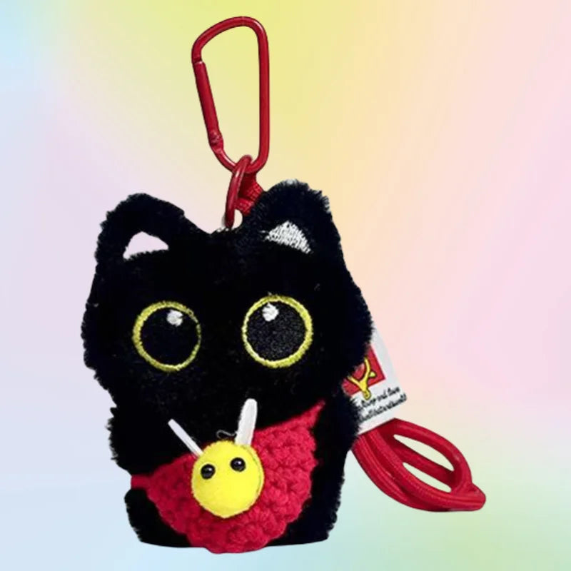 大きな目の黒猫 ぬいぐるみキーホルダー かぎ針編みスタイ ニコちゃん付き