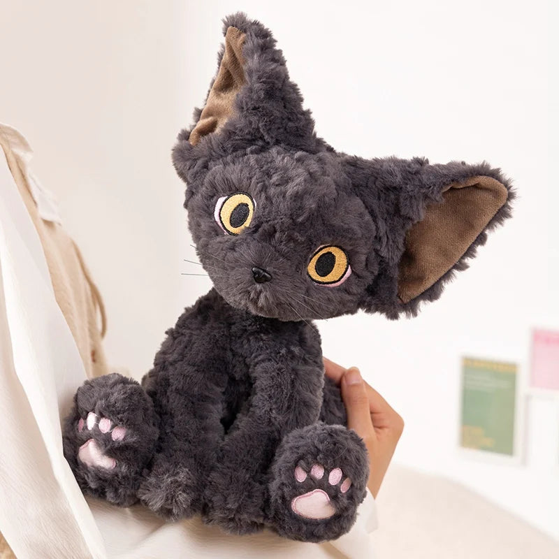 ふわふわチャコールグレー 大きな耳の猫ぬいぐるみ 黄色い目