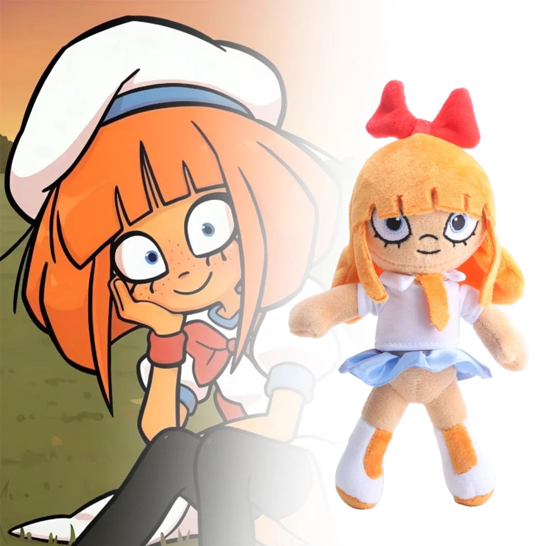 赤いリボンと青い目のオレンジ髪の女の子ぬいぐるみ
